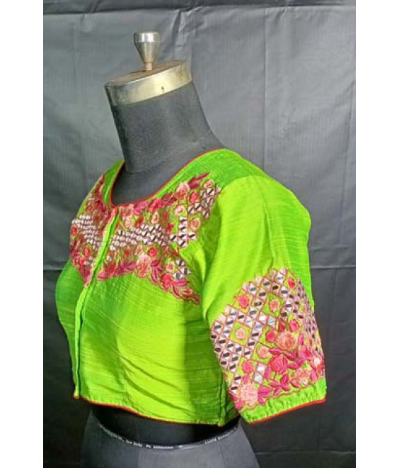 Women’s ethnic Designer Blouse Fancy Raw Silk, with Front-Back And Sleeves Floral Mirror Embroidered.