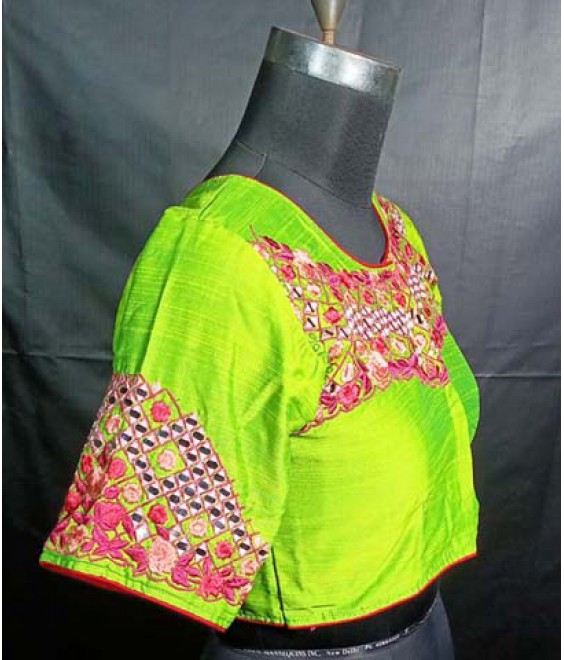 Women’s ethnic Designer Blouse Fancy Raw Silk, with Front-Back And Sleeves Floral Mirror Embroidered.