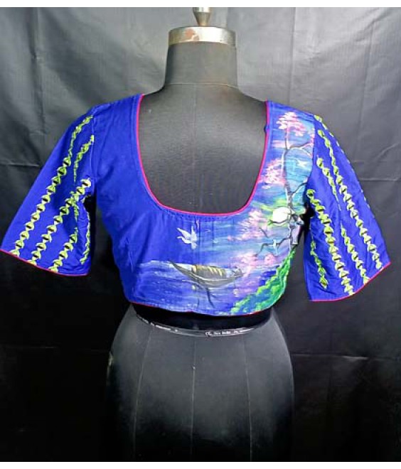 Women’s ethnic Designer Blouse Fancy Raw Silk, with Front-Back Hand Painting And Sleeves Mirror Embroidered.