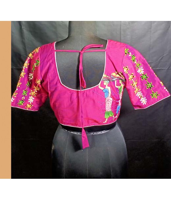 Women’s ethnic Designer Blouse Fancy Raw Silk, with Back Hand Painting And Sleeves Mirror Embroidered.