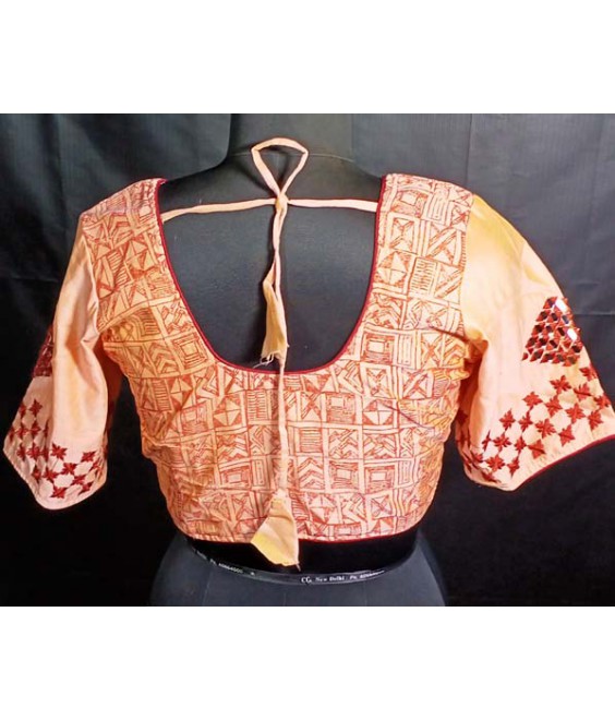Women’s ethnic Designer Blouse Fancy Chanderi, with Front-Back Hand Block Painting And Sleeves Mirror Embroidered.