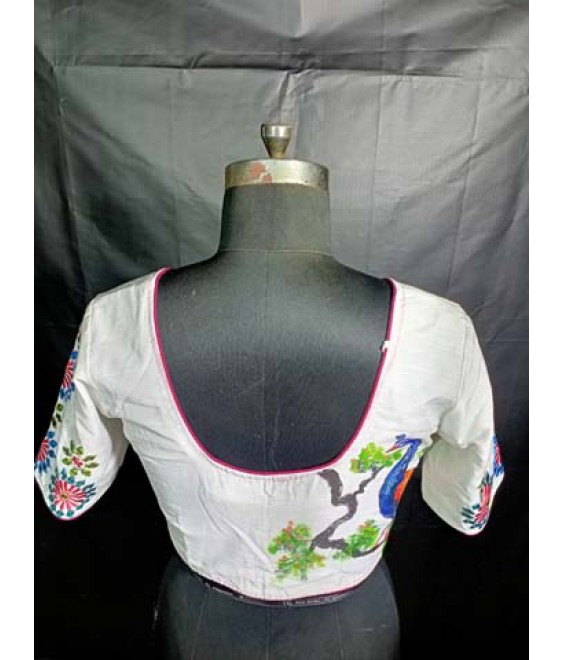 Women’s ethnic Designer Blouse Fancy Raw Silk, with Back Hand Painting And Sleeves Mirror Embroidered.