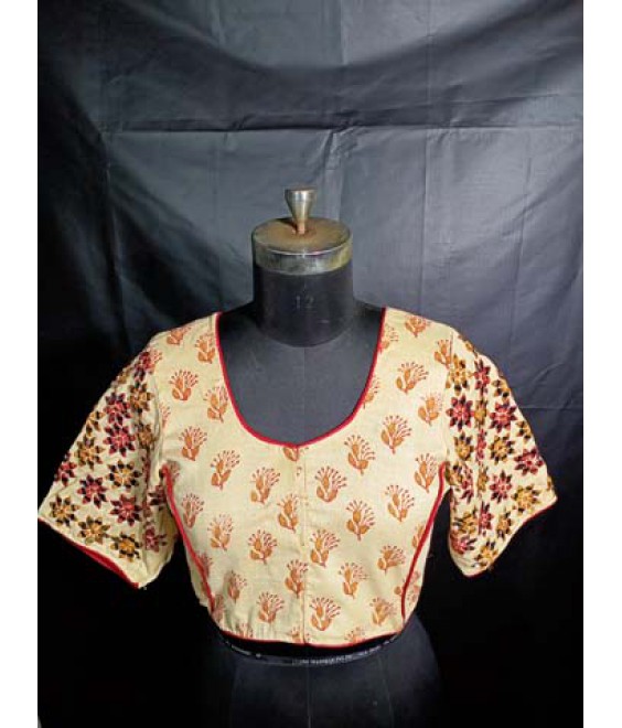 Women’s ethnic Designer Blouse Fancy Linen, with Front-Back Block Painting And Sleeves Mirror Embroidered.