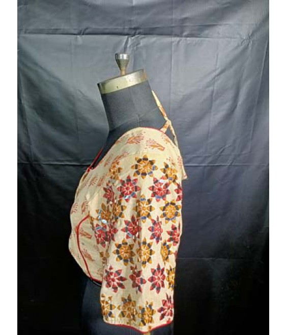 Women’s ethnic Designer Blouse Fancy Linen, with Front-Back Block Painting And Sleeves Mirror Embroidered.