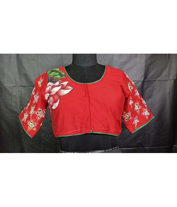 Women’s ethnic Designer Blouse Fancy Raw Silk, With Front-Back Hand Painting and Sleeves Mirror Embroidered.