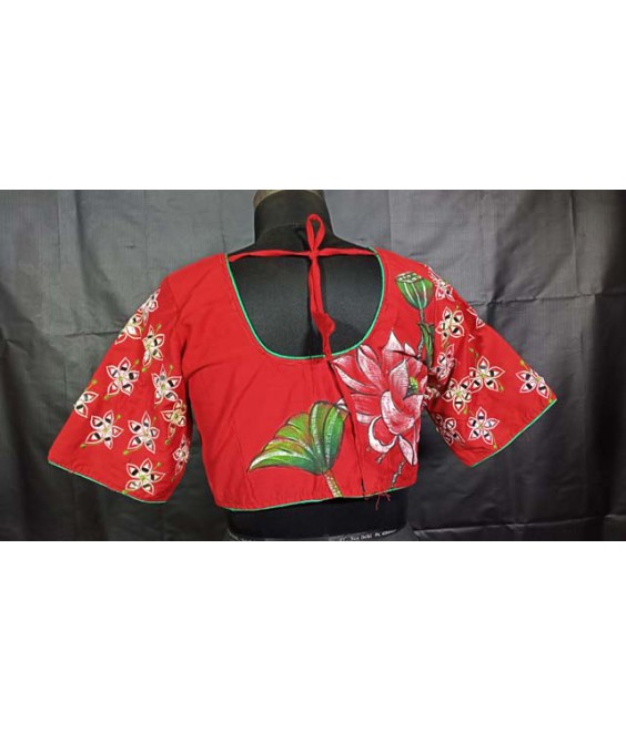 Women’s ethnic Designer Blouse Fancy Raw Silk, With Front-Back Hand Painting and Sleeves Mirror Embroidered.