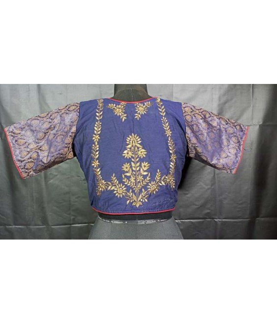 Women’s ethnic Designer Blouse Fancy Raw Silk, with Elbow Brocade Sleeves Back Embroidered.