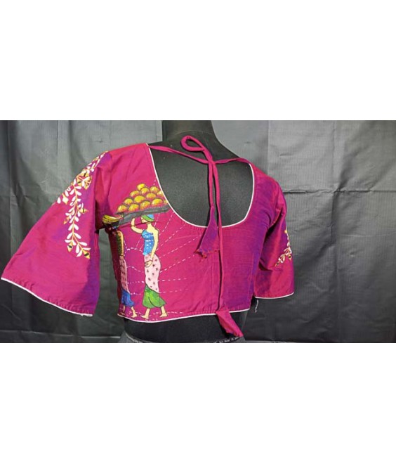 Women’s ethnic Designer Blouse Fancy Raw Silk, with Front-Back Hand Painting And Sleeves Mirror Embroidered.